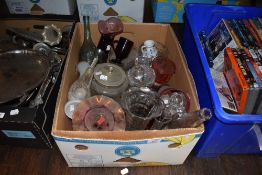 A box of mixed vintage glass including vases, decanter stoppers and more.