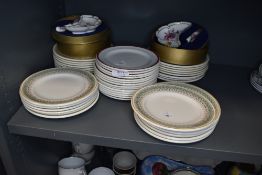 A selection of Hotel or catering standard plates and two Crown Derby boxed condiment sets.