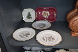 Two Spode plates and three small plates having countryside scenes.