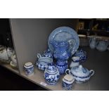 A selection of blue and white wear ceramics including cruet set and ginger jars