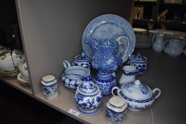 A selection of blue and white wear ceramics including cruet set and ginger jars