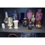 A selection of antique and later vases including porcelain glass and bisque hand decorated