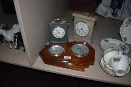 Two stone cut mantle clocks and a similar Edwardian Weather station or barometer