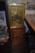 Two vintage copper and brass clad boxes/chests having embossed designs.
