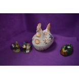 A selection of ceramic birds including Hen egg nest, two mallards and a lidded dish