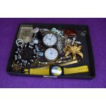 A selection of costume jewellery including a Renault wrist watch, necklaces, pocket watches, etc