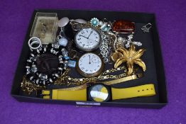 A selection of costume jewellery including a Renault wrist watch, necklaces, pocket watches, etc