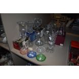 A selection of clear cut and pressed glass wares including boxed examples