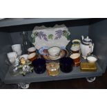 A varied lot containing reproduction Queen Mary Christmas tin, cups, dishes and more.