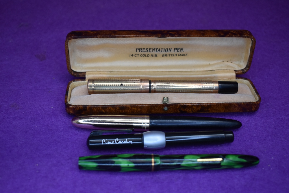 A selection of fountain pens, a rolled gold presentation leverfill pen, an New Bond Easiflow