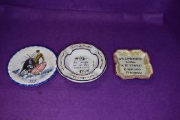 A selection of Italian ceramics including motto monogrammed dishes