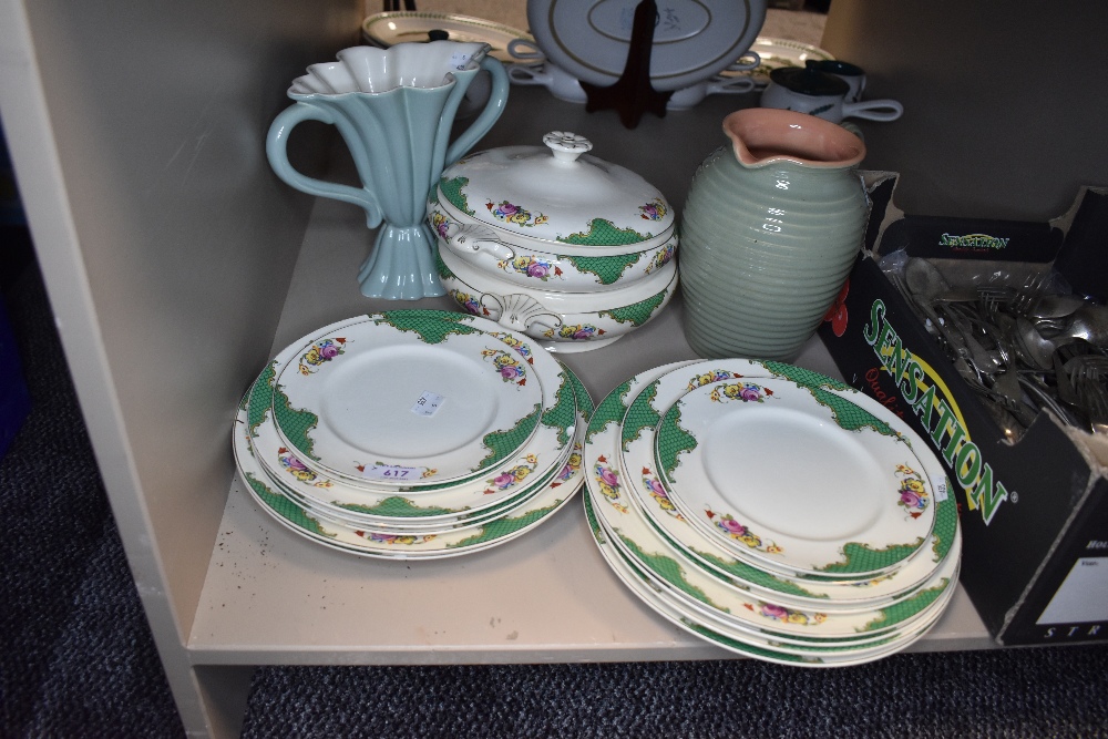 A good quantity of vintage Booths plates having green motifs and floral pattern on cream ground,