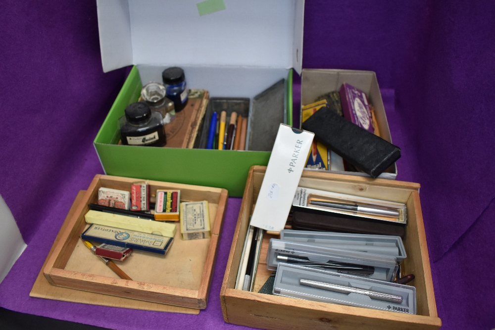 A large selection of writing equipment including dipping pens pencils, mechanical pencils