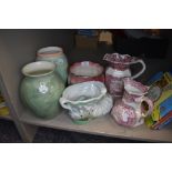 A selection of water jugs and large vases including red transfer printed Masons