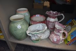 A selection of water jugs and large vases including red transfer printed Masons