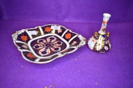 Two pieces of Royal Crown Derby both on red back stamps, a squat handled vase and footed trinket