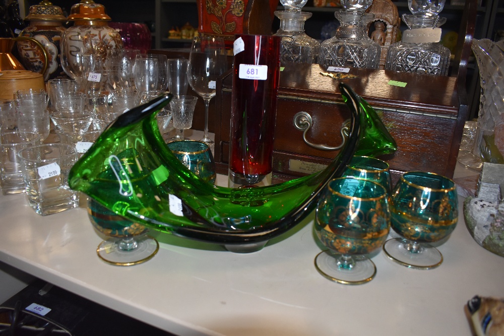 A selection of colour art glass including Red control bubble vase a large green splash bowl and