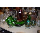 A selection of colour art glass including Red control bubble vase a large green splash bowl and