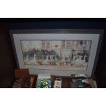 A partially embroidered frame and glazed picture of geese and house scene.