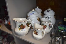 A selection of ceramic printed storage jars and similar water jugs