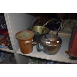 A selection of kitchen or pantry items including jam pan and large stove kettle