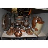 A selection of copper and stone ware items including gallery tray barrel and copper containers