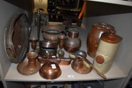 A selection of copper and stone ware items including gallery tray barrel and copper containers
