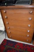 A vintage teak six drawer bedroom chest, width approx. 76cm