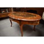 A Continental style oval coffee table having brass embellishments to legs, width approx. 116cm