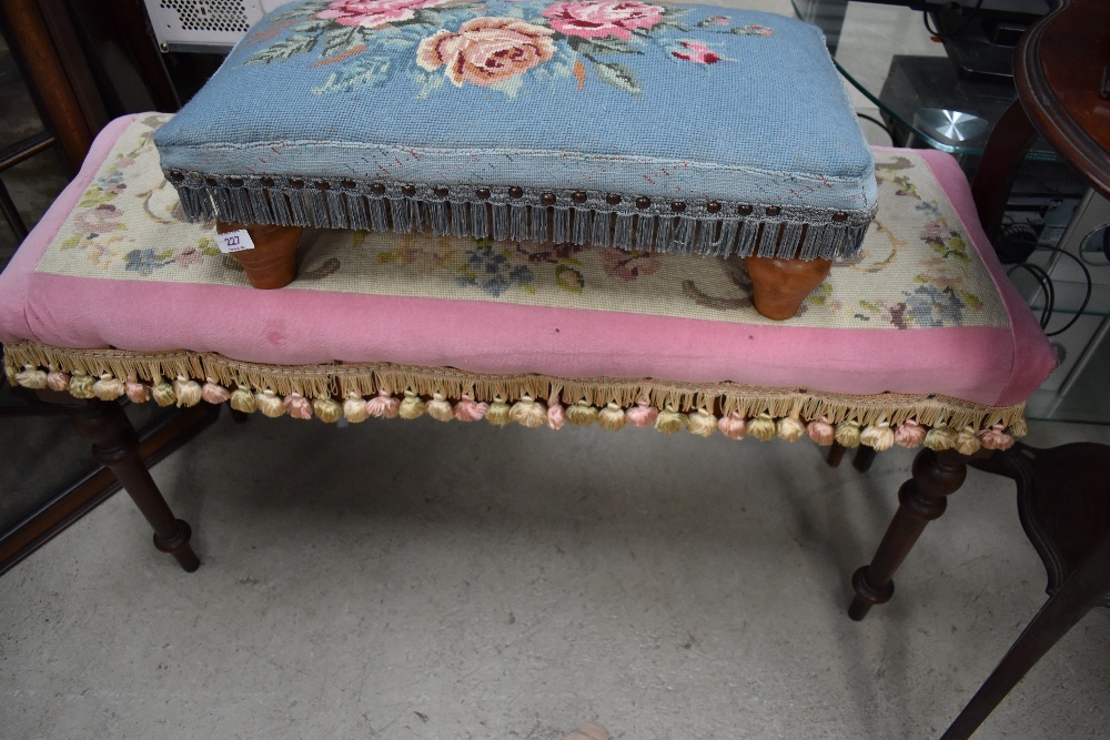 A Victorian mahogany duet or dressing table stool (width approx. 95cm) on turned legs having later