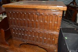 A traditional oak box stool in the Arts and Crafts style, width approx. 49cm and a modern stained