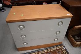 A vintage three drawer bedroom chest, labelled Stag