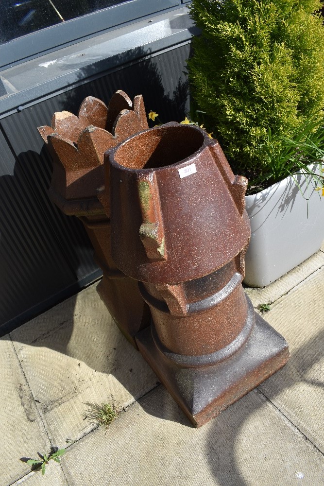 Two salt glazed chimney pots one queen style and similar conical shape