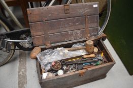 A vintage wooden tool box and contents (tools and parts)