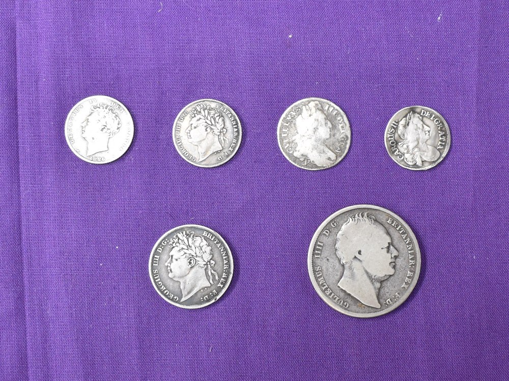 A small collection of GB Silver Coins including a William IV 1836 Halfcrown, a George IV 1824