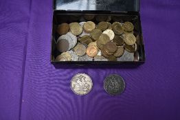 A small collection of GB coins in small cash tin including 1893 Victoria Crown, 1902 Edward VII