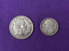 Two Italian Silver Coins, 1926R 10 Lire and 1927R V1 20 Lire