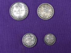 A collection of Edward VII Maundy Money, 1904 4p, 1904 2p, 1904 1p and 1902 3p