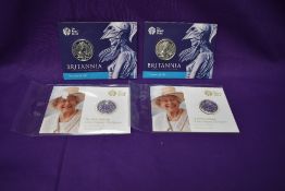 Two Royal Mint £50 Britannia Fine Silver Coins on cards and two Royal Mint £20 Fine Silver Coins