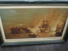 A print after Wyllie, Battle of The Nile, 1900, 60 x 100cm, framed and glazed