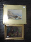 A watercolour, F Hargreaves, coastal landscape, signed, 24 x 35cm, plus frame and glazed, and an oil