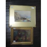 A watercolour, F Hargreaves, coastal landscape, signed, 24 x 35cm, plus frame and glazed, and an oil