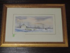 A watercolour, Andrew Grahame Storrie, Mist over Pan-y-Ghent, 16 x 37cm, plus frame and glazed,