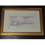 A watercolour, Andrew Grahame Storrie, Mist over Pan-y-Ghent, 16 x 37cm, plus frame and glazed,