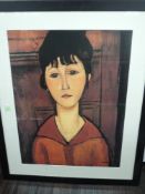 A print, after Modigliani, Tete De Jeune Fille, 65 x 50cm, plus frame and glazed