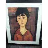 A print, after Modigliani, Tete De Jeune Fille, 65 x 50cm, plus frame and glazed