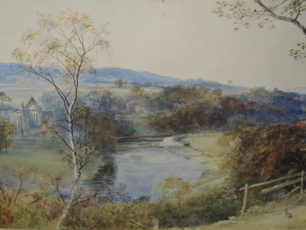 A watercolour, Mac W, Bolton Abbey and river landscape, 34 x 52cm, plus frame and glazed - Image 2 of 3