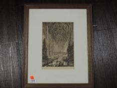 An etching, after Burrow, York Minster, signed, 25 x 17cm, plus frame and glazed