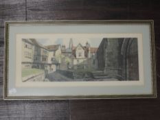 A print, after J Fletcher Watson, carraige style, Norwich Tombland Abbey, 24 x 49cm, plus frame