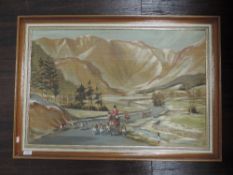 An oil painting, Chandos, mountain hunt, 50 x 154cm, framed